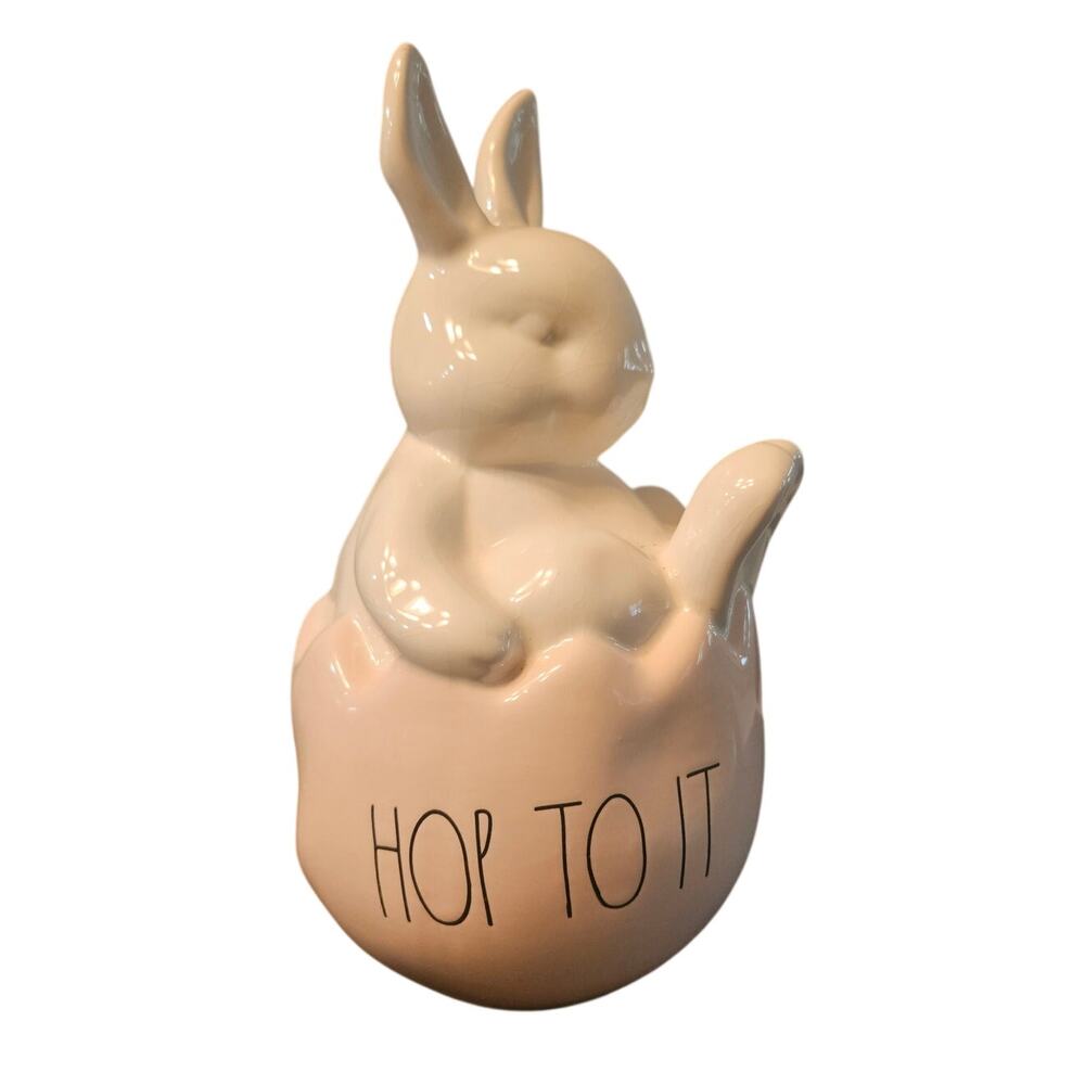 Pristine Large Rae Dunn Bunny Easter Ceramic Figure "Hop to it" 9.5x5.5x5.5